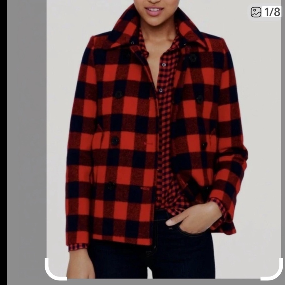 J. Crew 💯 Wool Buffalo Check Pea Coat Jacket